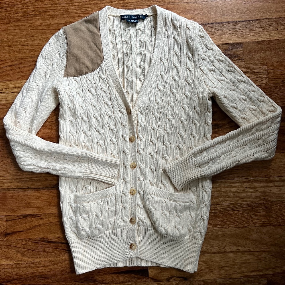 Vtg. Ralph Lauren ivory 100% cotton cableknit cardigan women’s size S Hong Kong